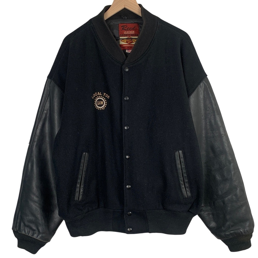 VTG REED Leather Sportswear UAW Local 735 GM Powertrain Jacket Sz XXL Black Wool